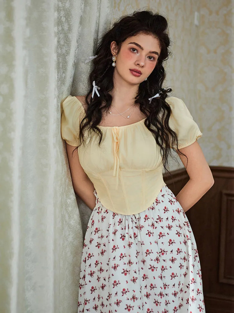 Victorian Cropped Tops Off-Shoulder Curved Hem Tops SCARLET DARKNESS