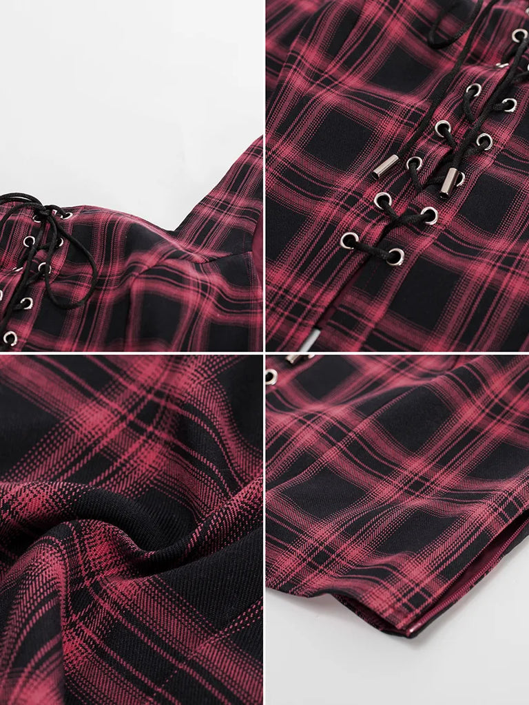 Renaissance Plaid Waistcoat Square Neck Lace-up Front Vest SCARLET DARKNESS