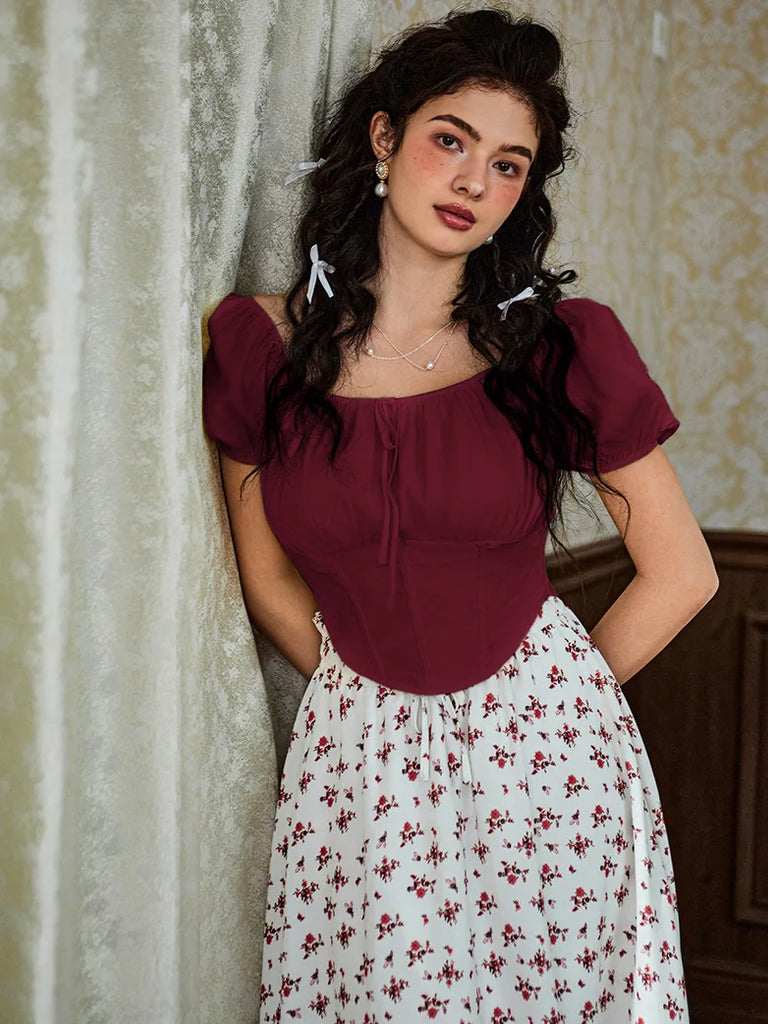 Victorian Cropped Tops Off-Shoulder Curved Hem Tops SCARLET DARKNESS