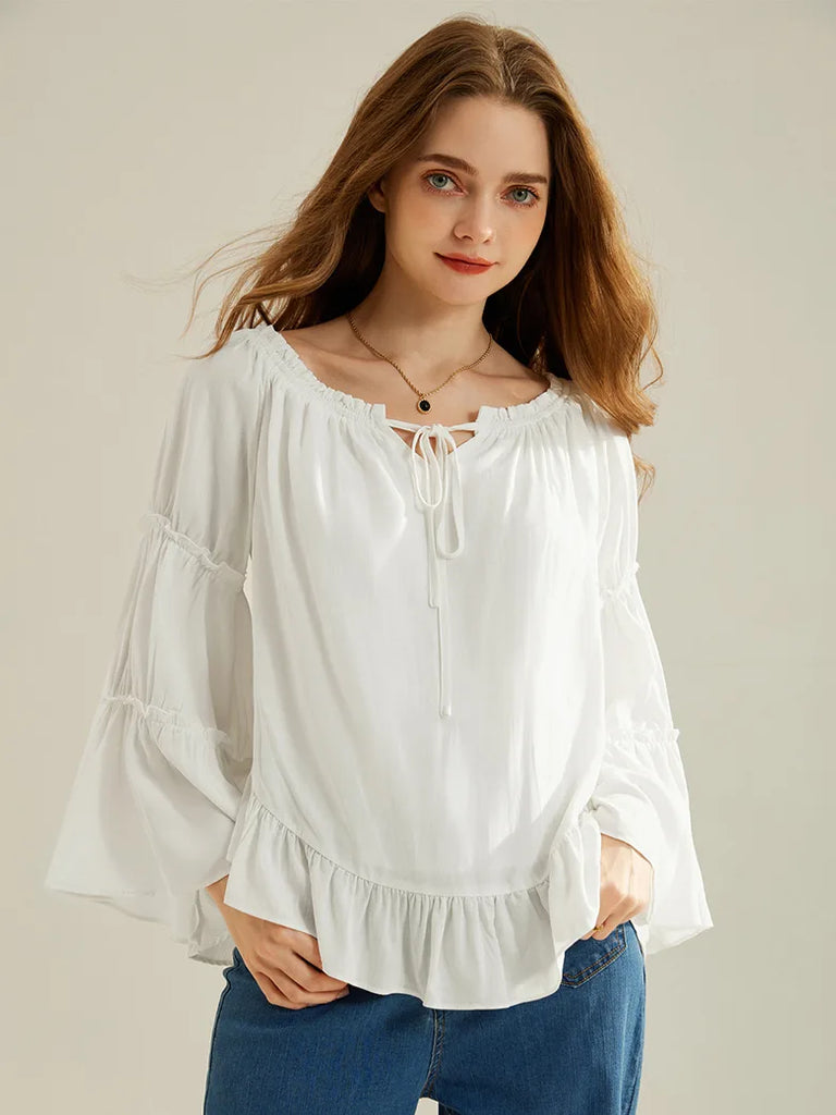 Renaissance Off Shoulder Tops Bell Sleeve Ruffled Hem Tops SCARLET DARKNESS