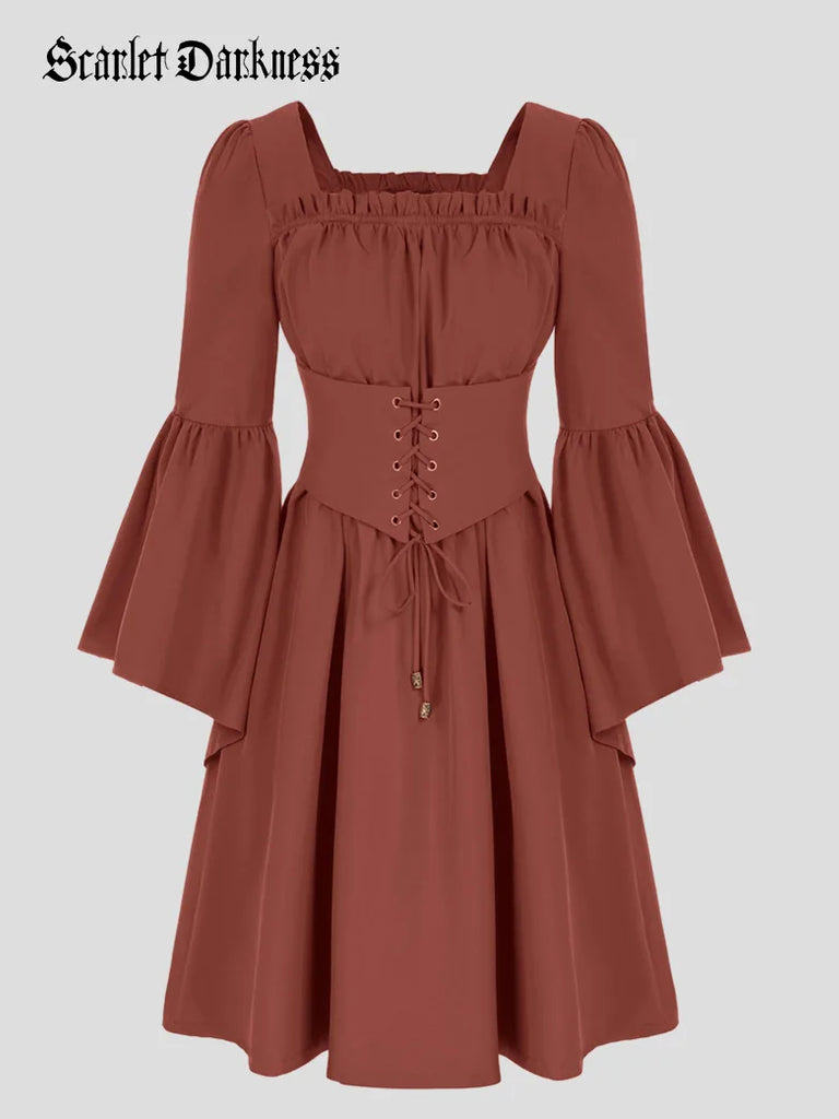 Square Neck Pleated Waistband Decorated Long Sleeve Dress SCARLET DARKNESS