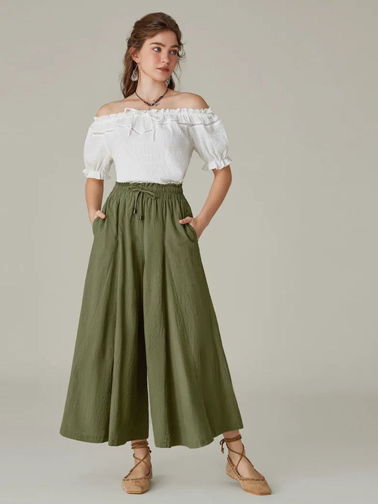 Women Cotton Renaissance Drawstring Palazzo Pants with Pocket SCARLET DARKNESS