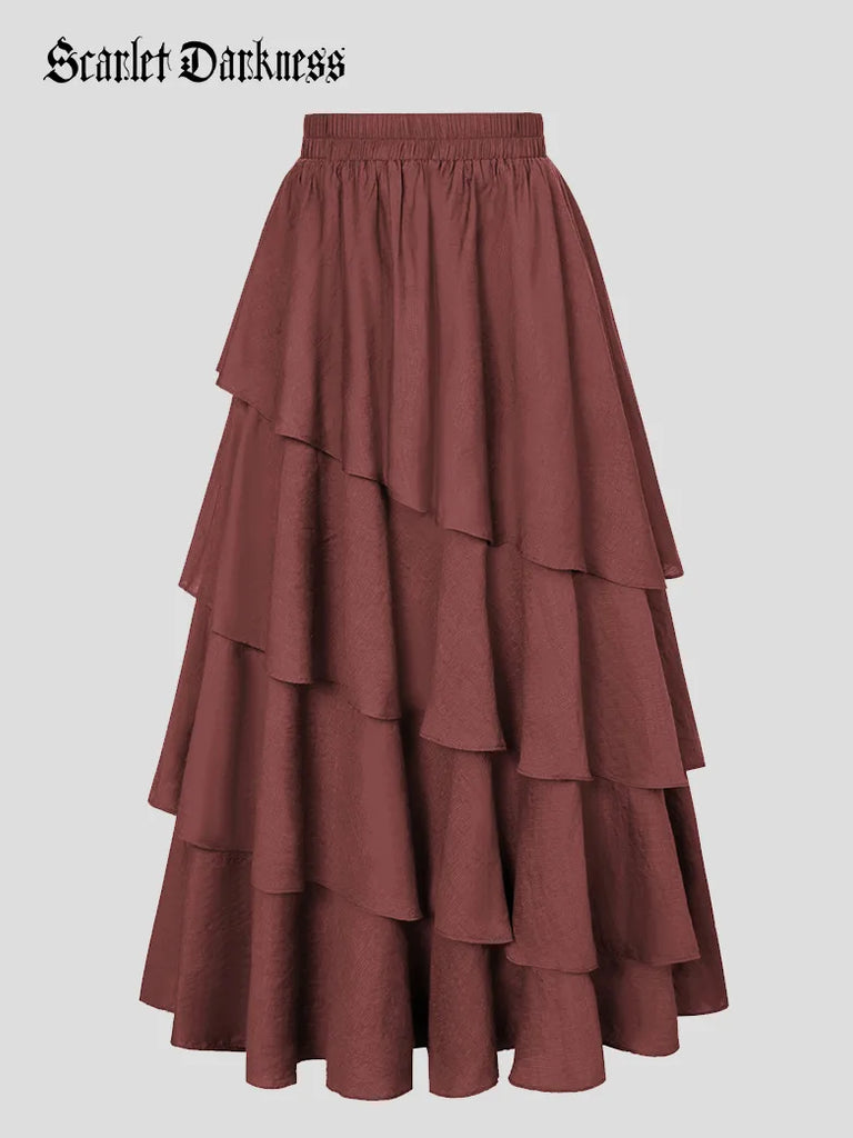 Renaissance Swing Skirt Elastic Waist 4-Layer Flared Skirt SCARLET DARKNESS