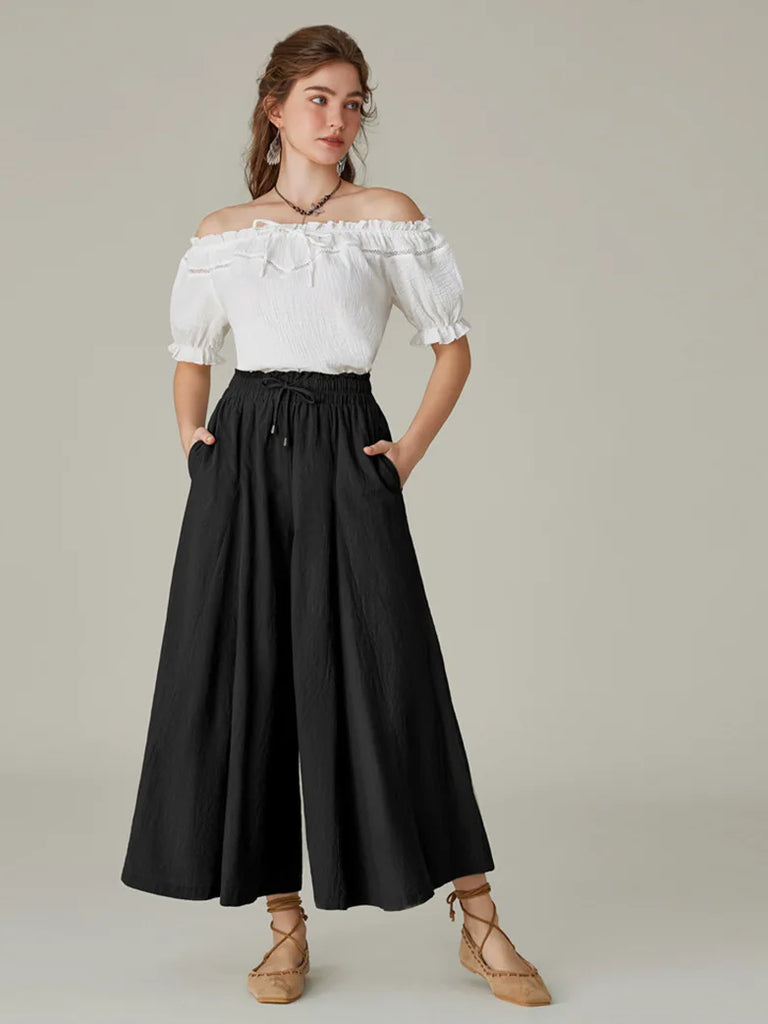 Women Cotton Renaissance Drawstring Palazzo Pants with Pocket SCARLET DARKNESS