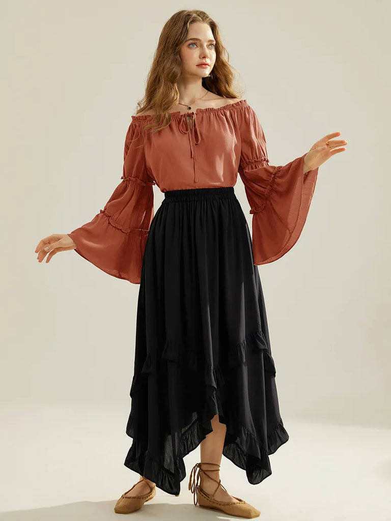 Renaissance Off Shoulder Tops Bell Sleeve Ruffled Hem Tops SCARLET DARKNESS