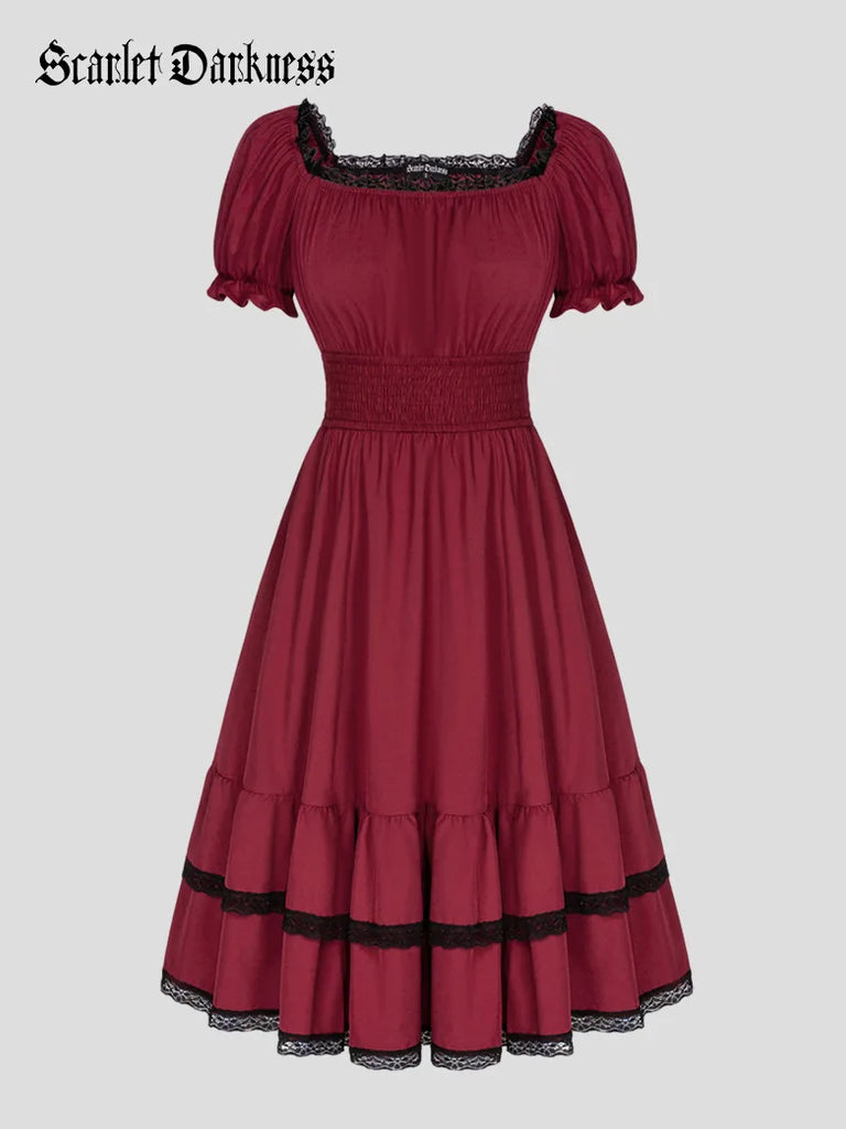 Steampunk Striped Elastic Waist Tiered Dress with Pocket SCARLET DARKNESS