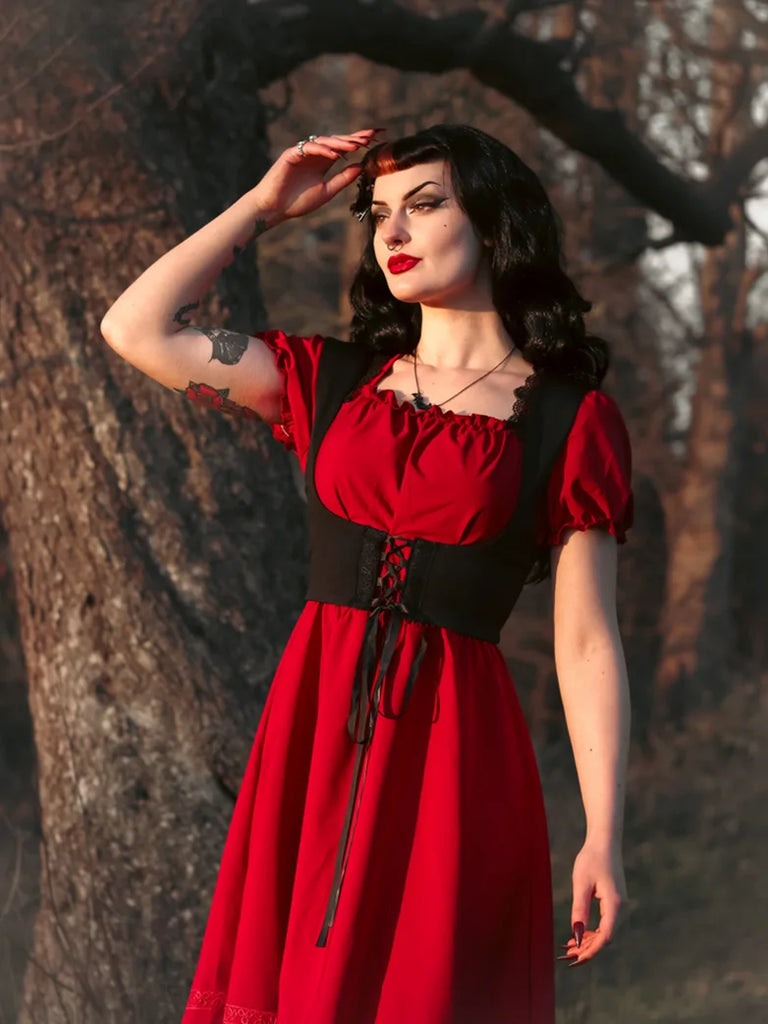 Square Neck Short Sleeve V-Back Girdle A-Line Dress SCARLET DARKNESS