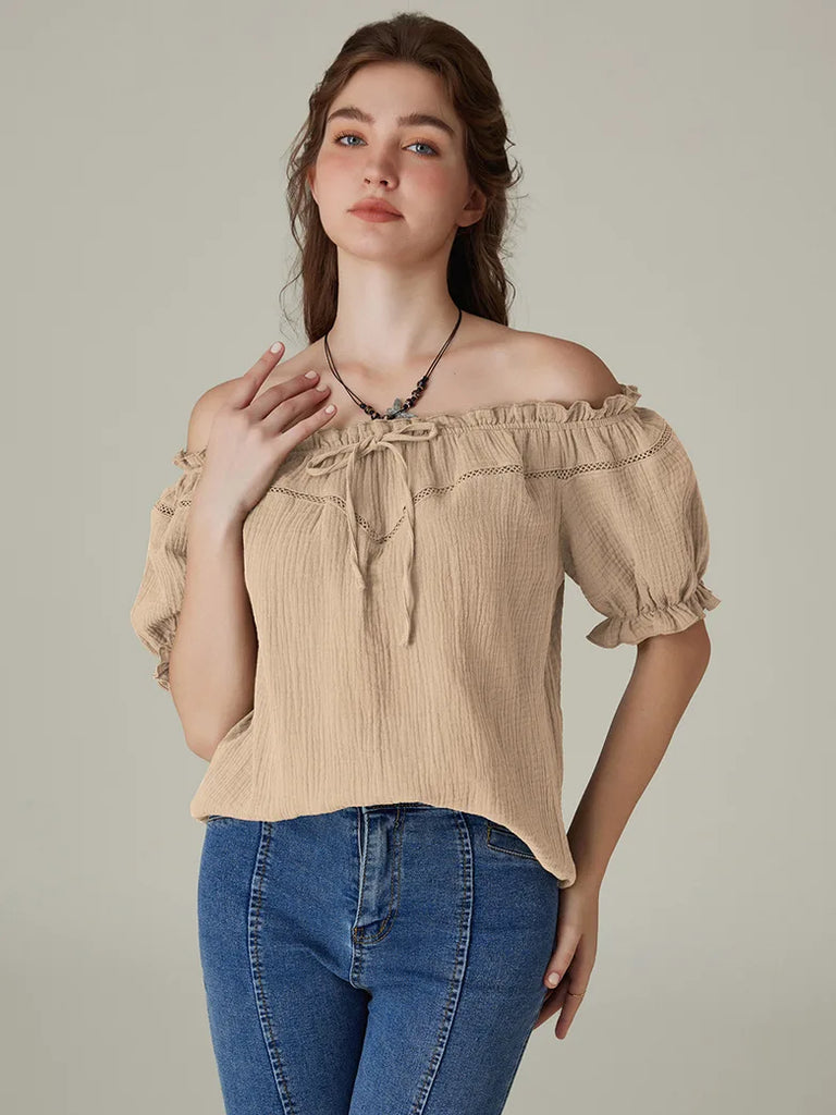 Renaissance Cotton Tops Crew Neck Off Shoulder Lace-up Tops SCARLET DARKNESS