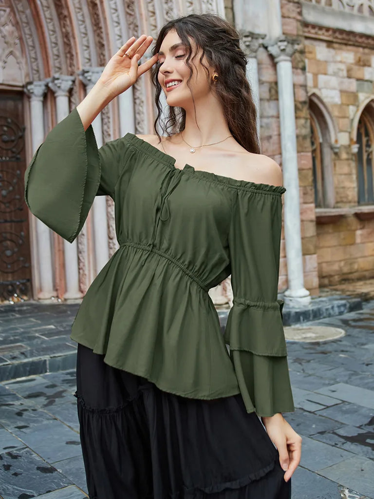 Women Off Shoulder Tops 3/4 Sleeve A-Line Tops SCARLET DARKNESS