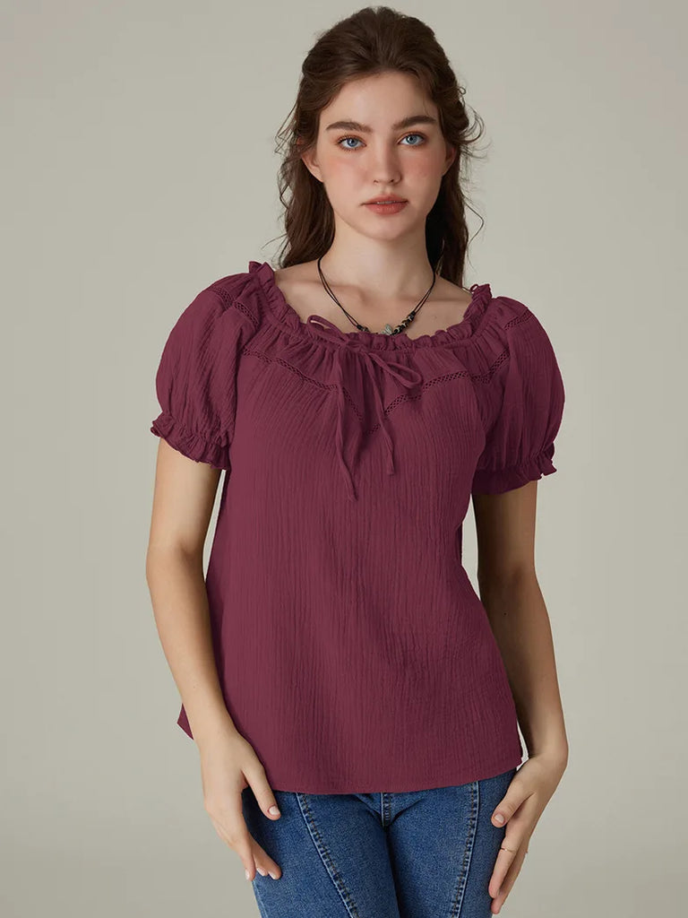 Renaissance Cotton Tops Crew Neck Off Shoulder Lace-up Tops SCARLET DARKNESS