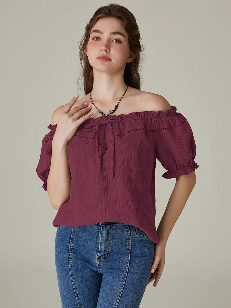 Renaissance Cotton Tops Crew Neck Off Shoulder Lace-up Tops SCARLET DARKNESS