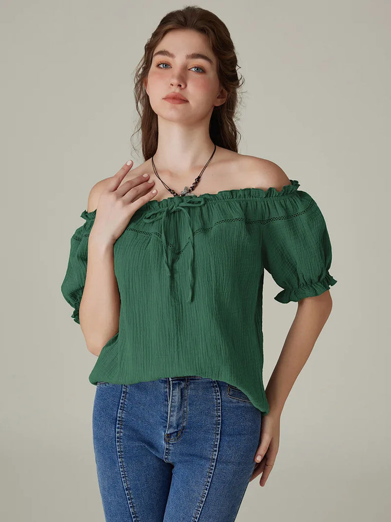 Renaissance Cotton Tops Crew Neck Off Shoulder Lace-up Tops SCARLET DARKNESS