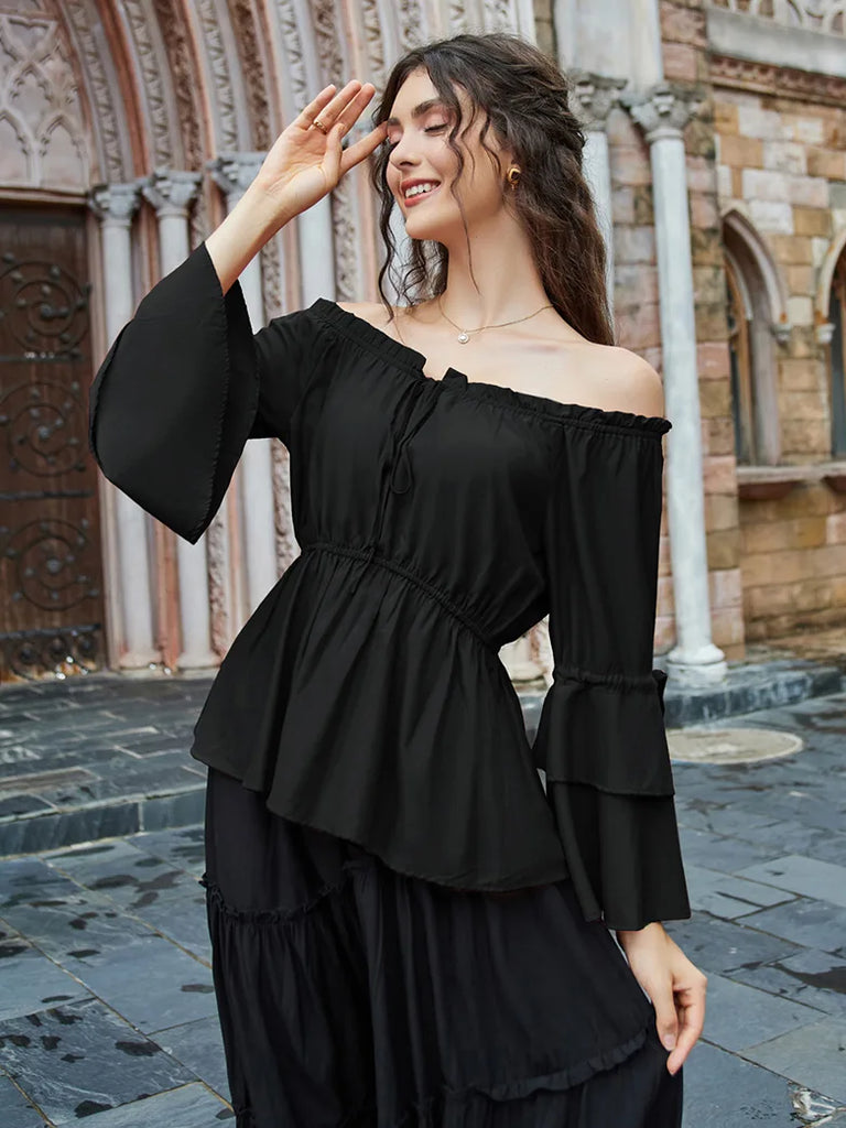 Women Off Shoulder Tops 3/4 Sleeve A-Line Tops SCARLET DARKNESS