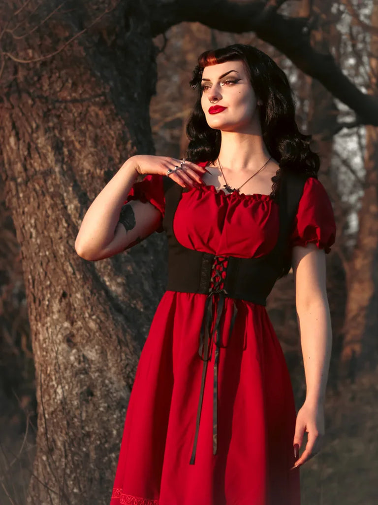 Square Neck Short Sleeve V-Back Girdle A-Line Dress SCARLET DARKNESS