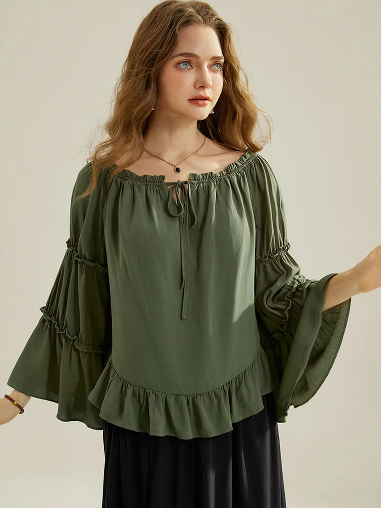 Renaissance Off Shoulder Tops Bell Sleeve Ruffled Hem Tops SCARLET DARKNESS