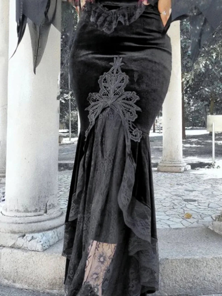 Women Gothic Velvet Patchwork Lace Bodycon Skirt SCARLET DARKNESS