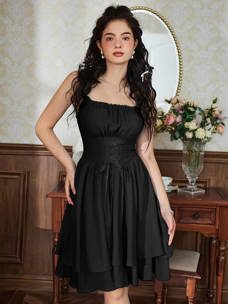 Women Dual-Layer Hem Spaghetti Straps Lace up Ballet Dress SCARLET DARKNESS