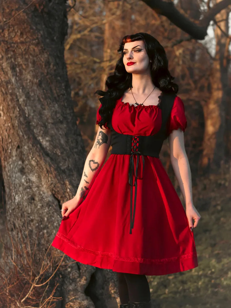 Square Neck Short Sleeve V-Back Girdle A-Line Dress SCARLET DARKNESS