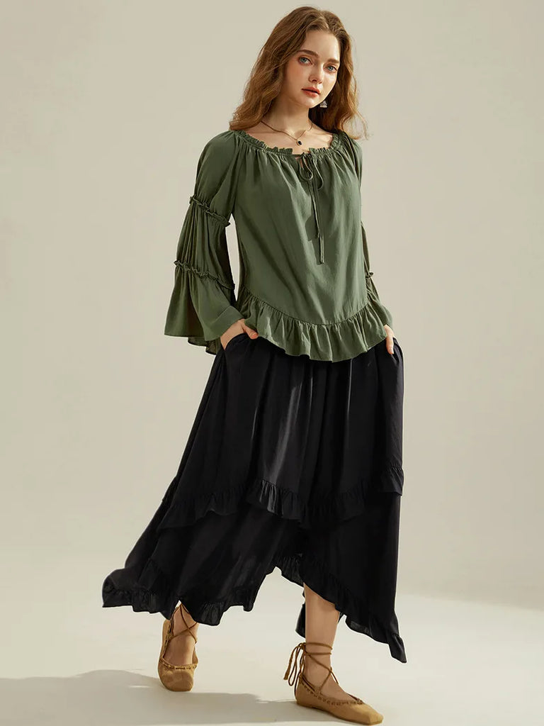 Renaissance Off Shoulder Tops Bell Sleeve Ruffled Hem Tops SCARLET DARKNESS