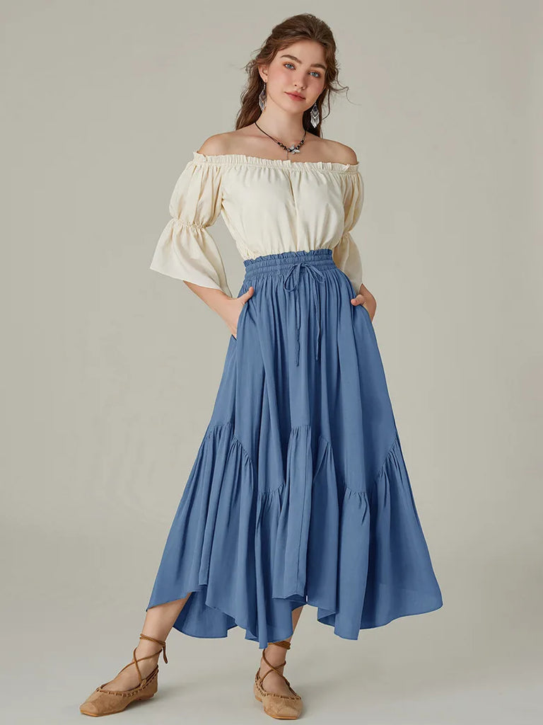 Women Elastic Waist Irregular Hem Flared Swing Skirt SCARLET DARKNESS