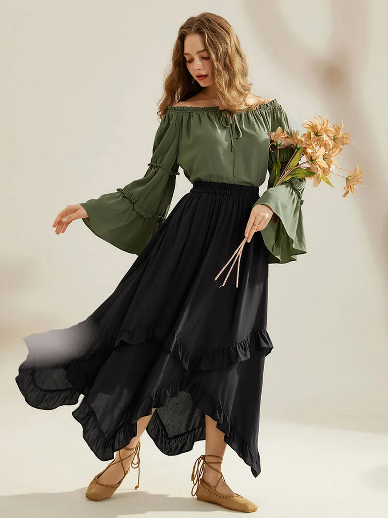 Renaissance Off Shoulder Tops Bell Sleeve Ruffled Hem Tops SCARLET DARKNESS