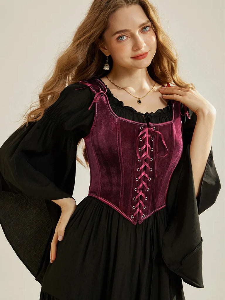 Victorian Velvet Corset 12 Bones Lace-up Front Vest SCARLET DARKNESS