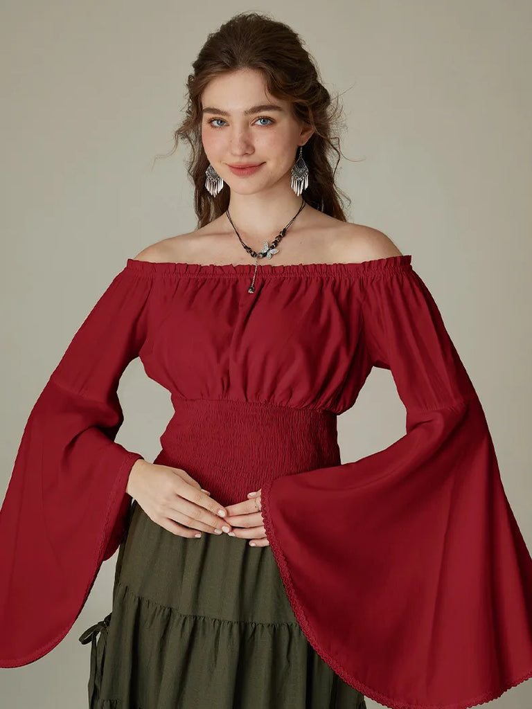 Women Off Shoulder Tops Long Bell Sleeve Smocked Waist Tops SCARLET DARKNESS