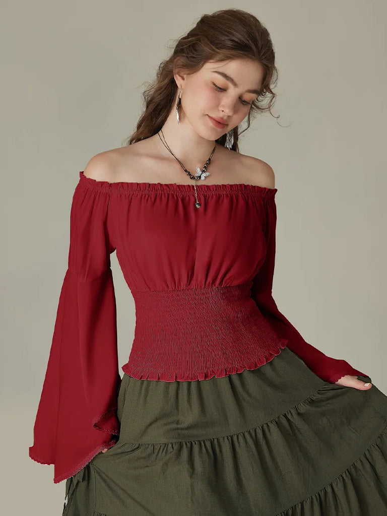 Women Off Shoulder Tops Long Bell Sleeve Smocked Waist Tops SCARLET DARKNESS