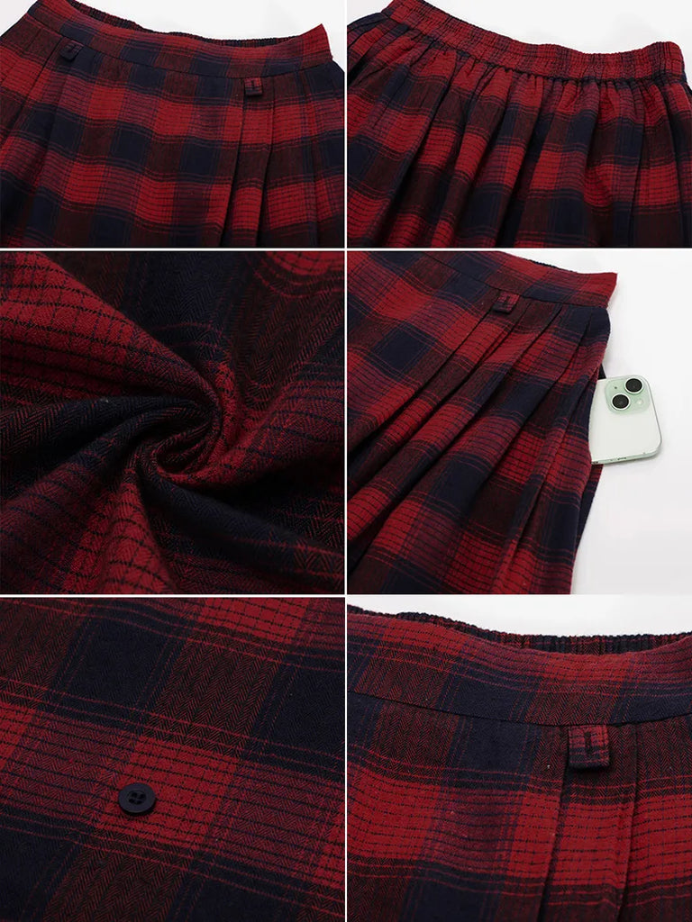 Women Plaided Skirt Buckle up Flared A-Line Swing Skirt SCARLET DARKNESS