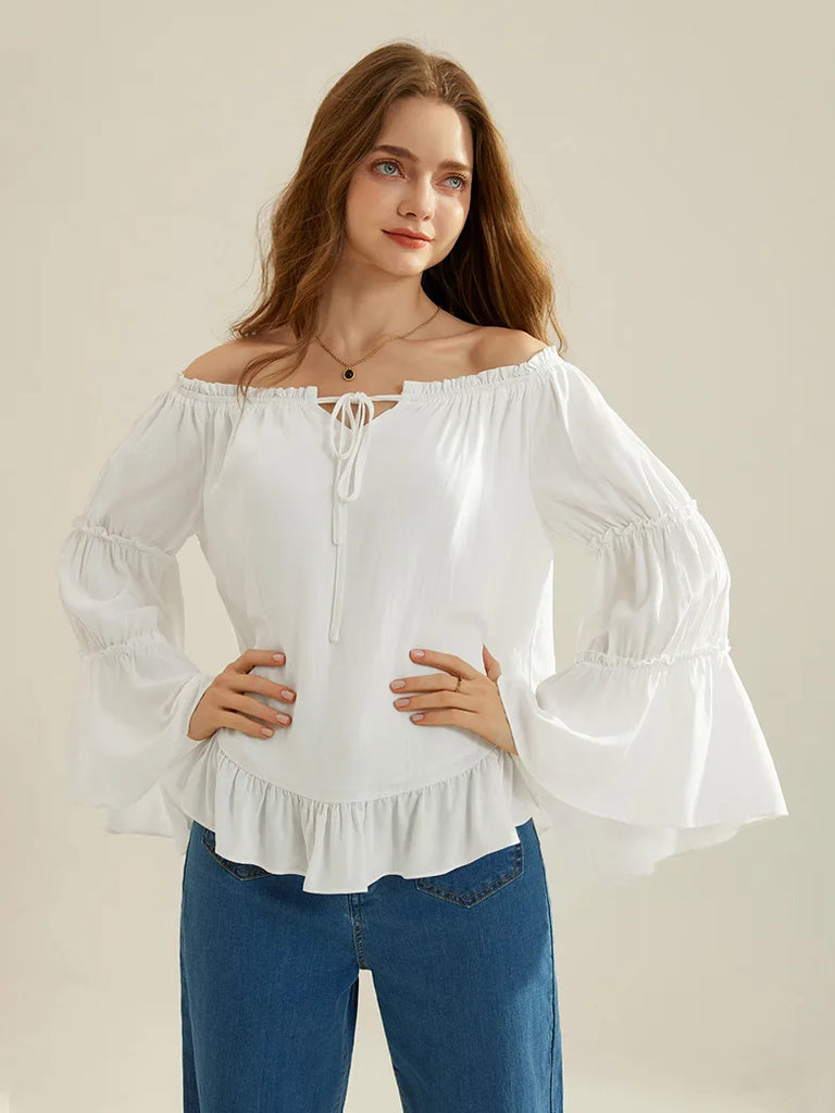 Renaissance Off Shoulder Tops Bell Sleeve Ruffled Hem Tops SCARLET DARKNESS