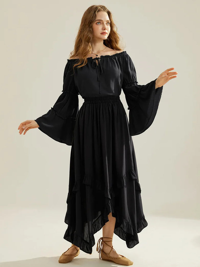 Renaissance Off Shoulder Tops Bell Sleeve Ruffled Hem Tops SCARLET DARKNESS