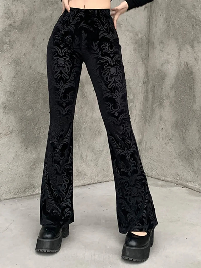 Women Victorian Goth Suede Embossed Flared Pants SCARLET DARKNESS