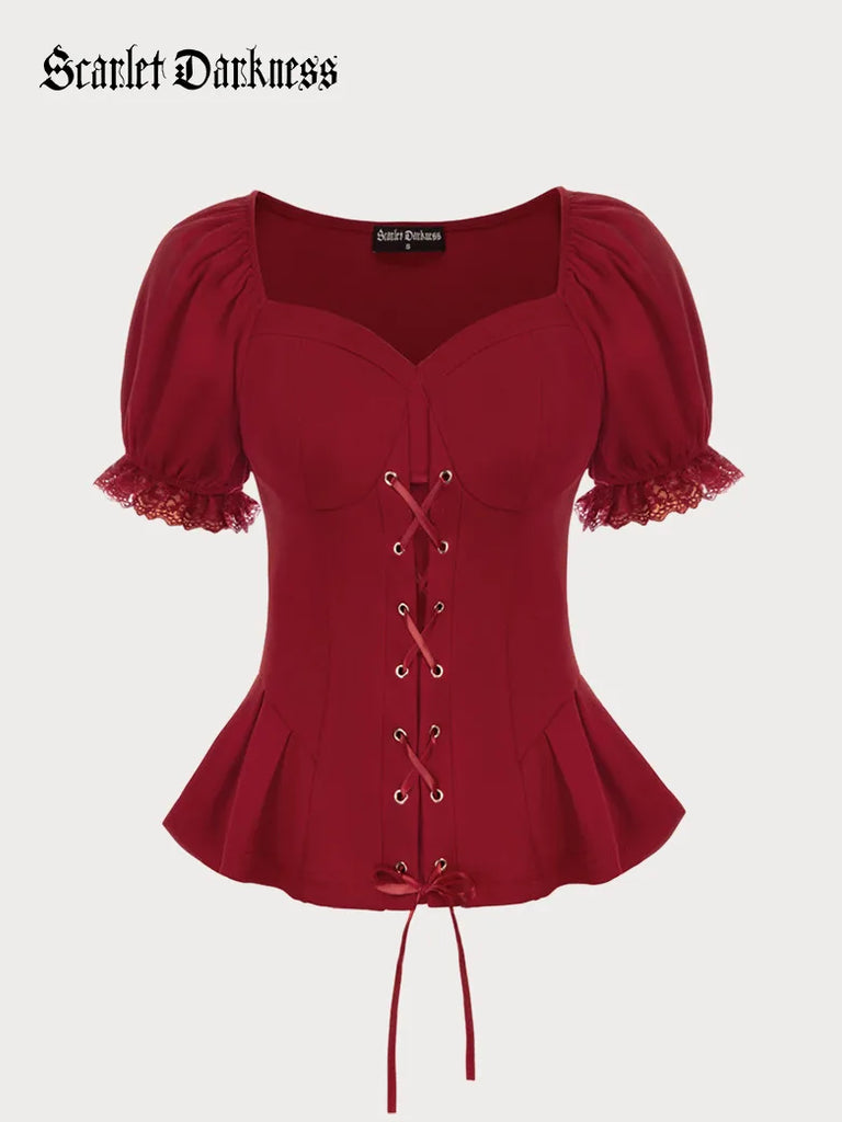 Sweetheart Neck Puff Sleeves Cross Straps Blouse SCARLET DARKNESS