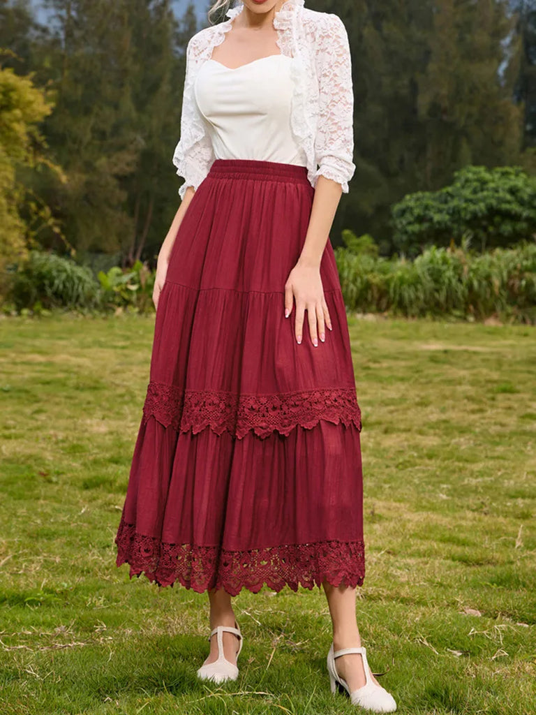 Tiered Skirt Lace Hem Elastic Waist A-Line Skirt SCARLET DARKNESS