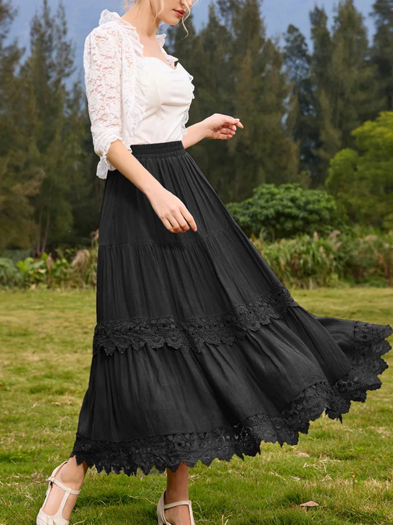 Tiered Skirt Lace Hem Elastic Waist A-Line Skirt SCARLET DARKNESS