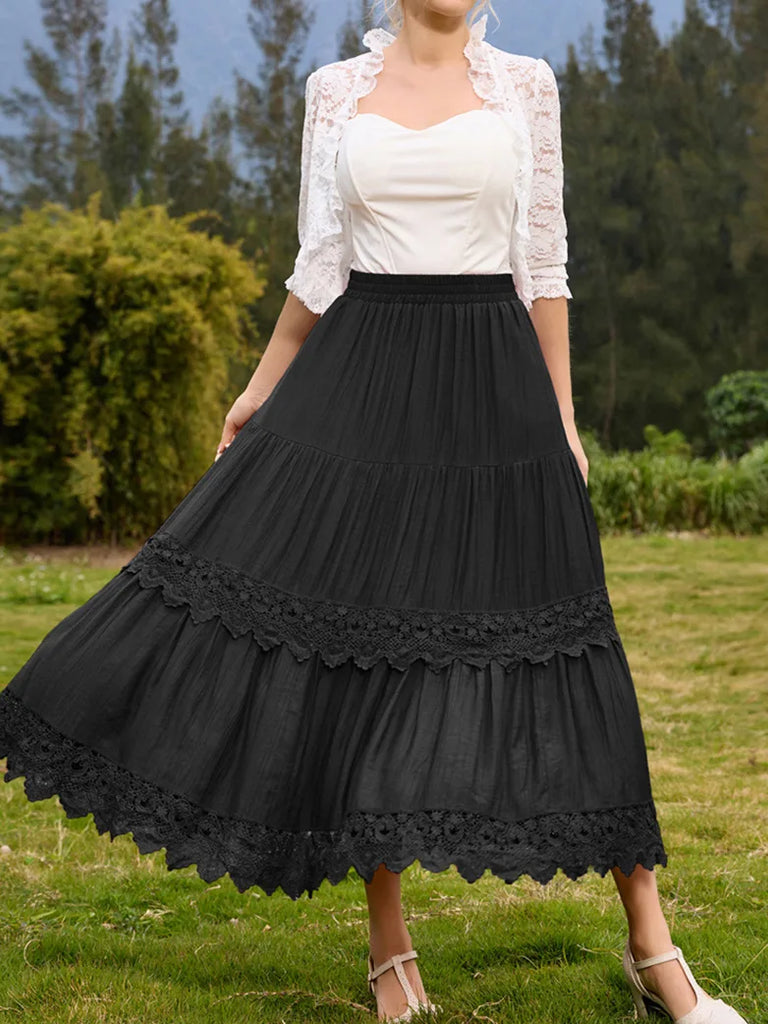 Tiered Skirt Lace Hem Elastic Waist A-Line Skirt SCARLET DARKNESS