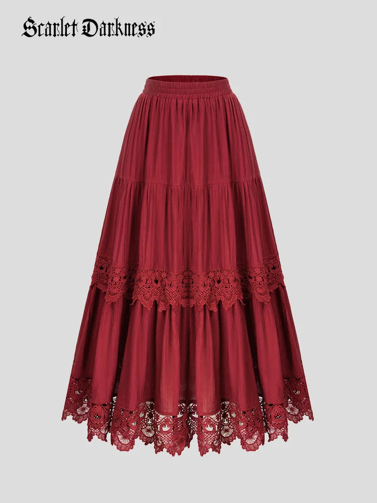 Tiered Skirt Lace Hem Elastic Waist A-Line Skirt SCARLET DARKNESS