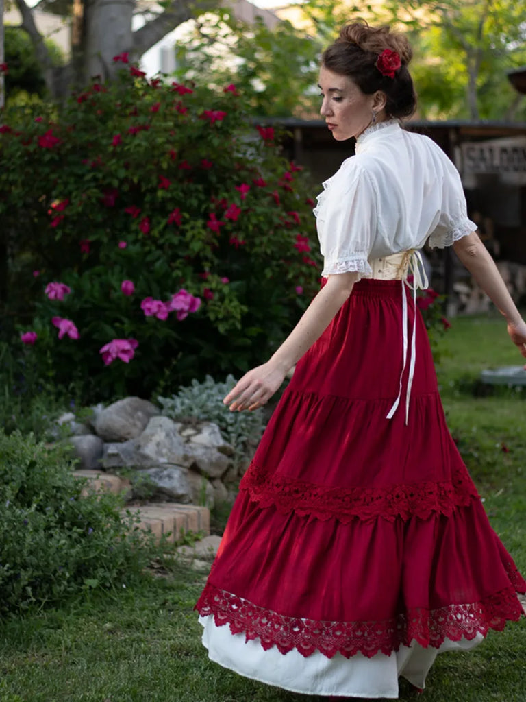 Tiered Skirt Lace Hem Elastic Waist A-Line Skirt SCARLET DARKNESS