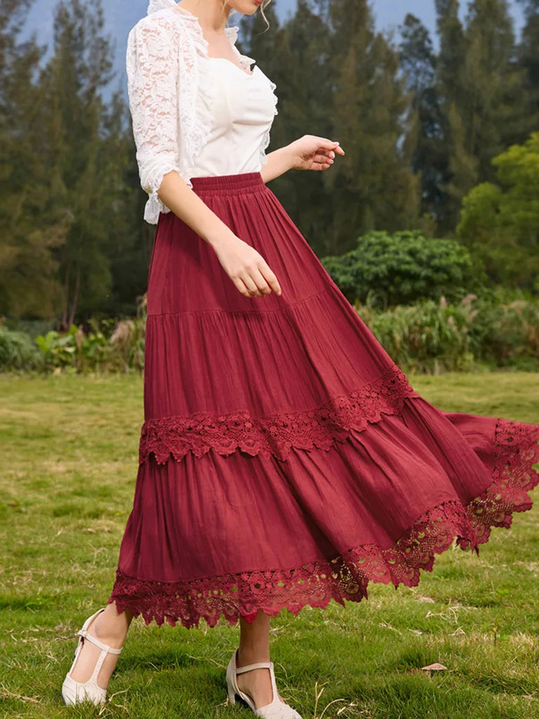 Tiered Skirt Lace Hem Elastic Waist A-Line Skirt SCARLET DARKNESS