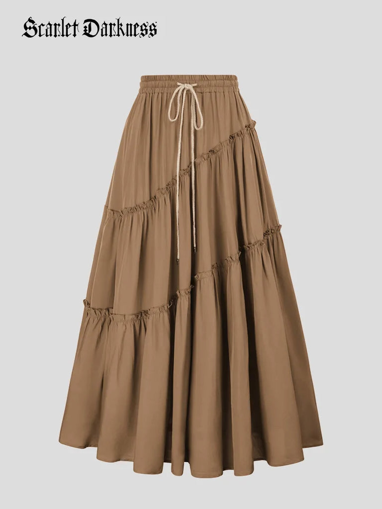 Women Pleated Tiered Swing Skirt Drawstring Waist Maxi Skirt SCARLET DARKNESS