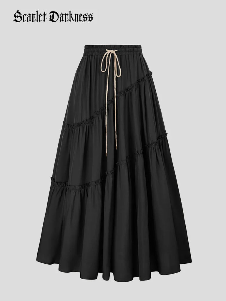 Women Pleated Tiered Swing Skirt Drawstring Waist Maxi Skirt SCARLET DARKNESS