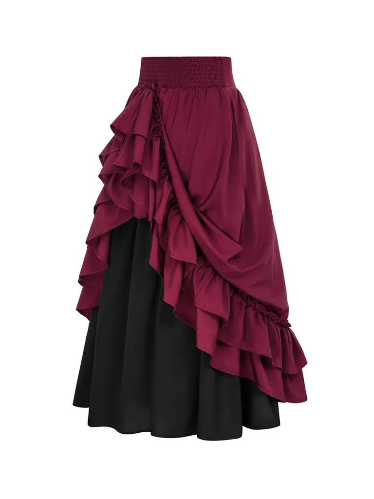 Victorian Dual Layer Ruffled Hem Back Adjustable Skirt SCARLET DARKNESS