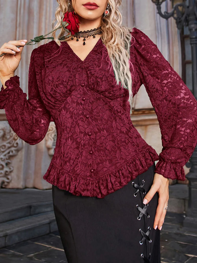 Women Victorian Lace Tops Curved Hem Pullover Tops SCARLET DARKNESS