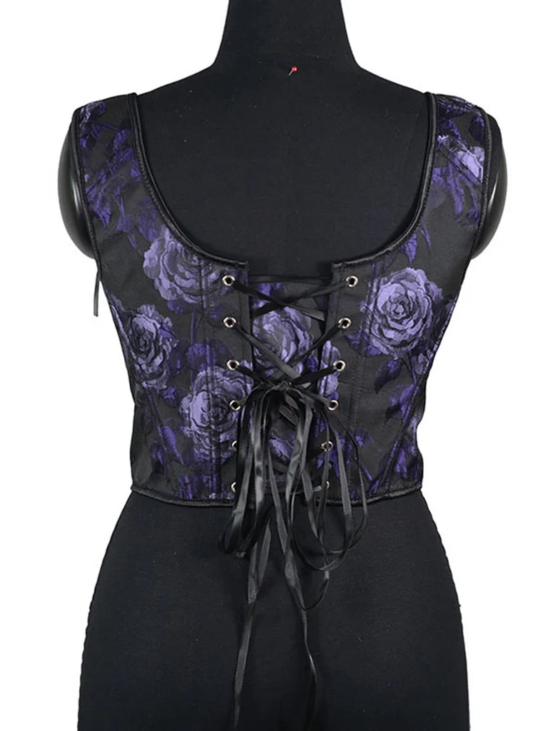 Embossed Rose Jacquard Herringbone Corset Top SCARLET DARKNESS