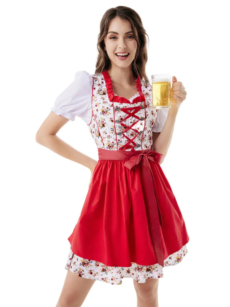 German Bavarian Oktoberfest Costumes Tops+Cotton Dress+Apron Scarlet Darkness