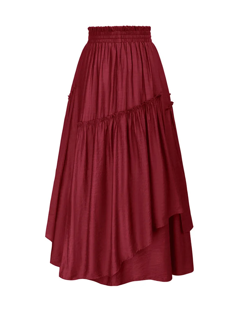 Overlay Decorated Drawstring Waist Irregular Hem Skirt SCARLET DARKNESS