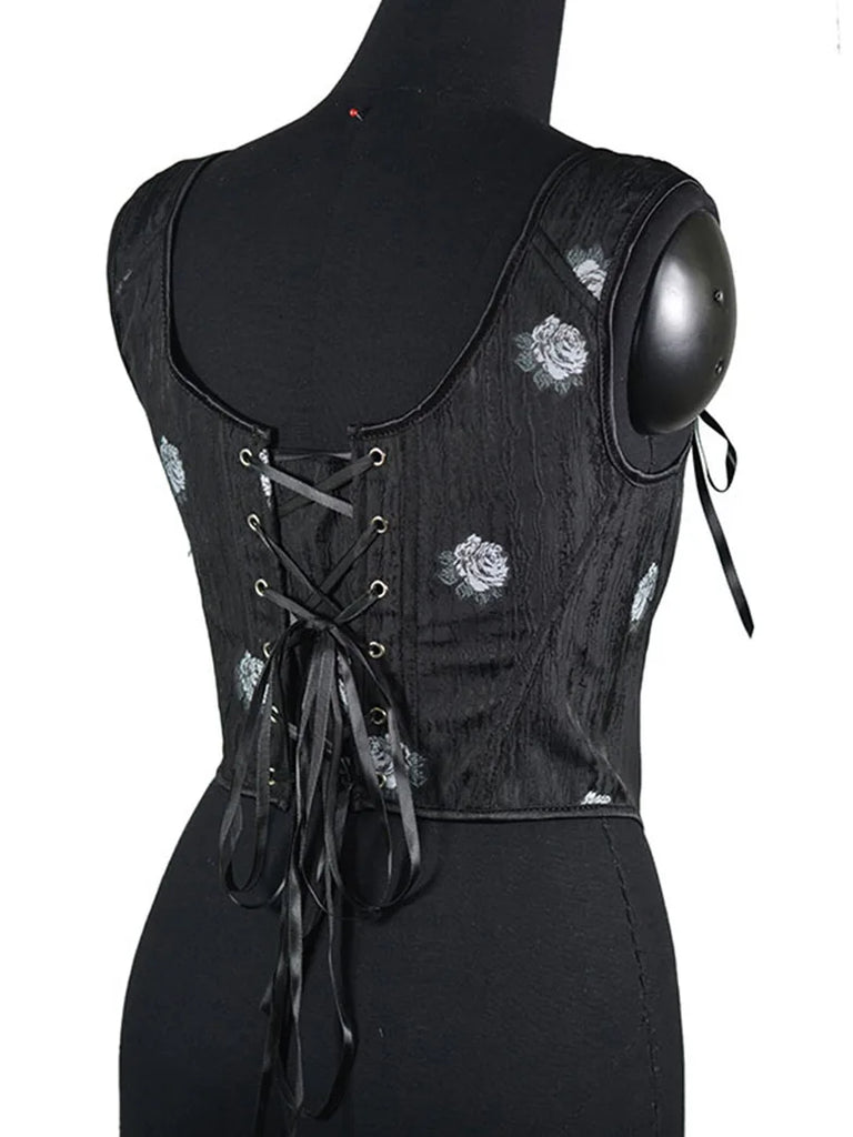 Embossed Rose Jacquard Herringbone Corset Top SCARLET DARKNESS