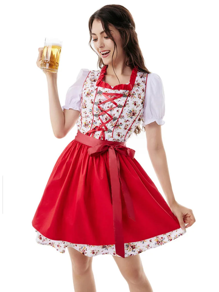 German Bavarian Oktoberfest Costumes Tops+Cotton Dress+Apron Scarlet Darkness