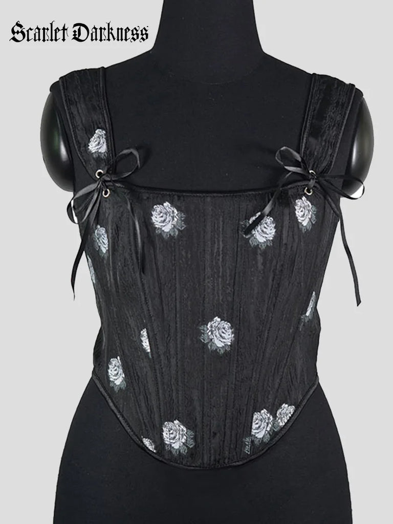 Embossed Rose Jacquard Herringbone Corset Top SCARLET DARKNESS