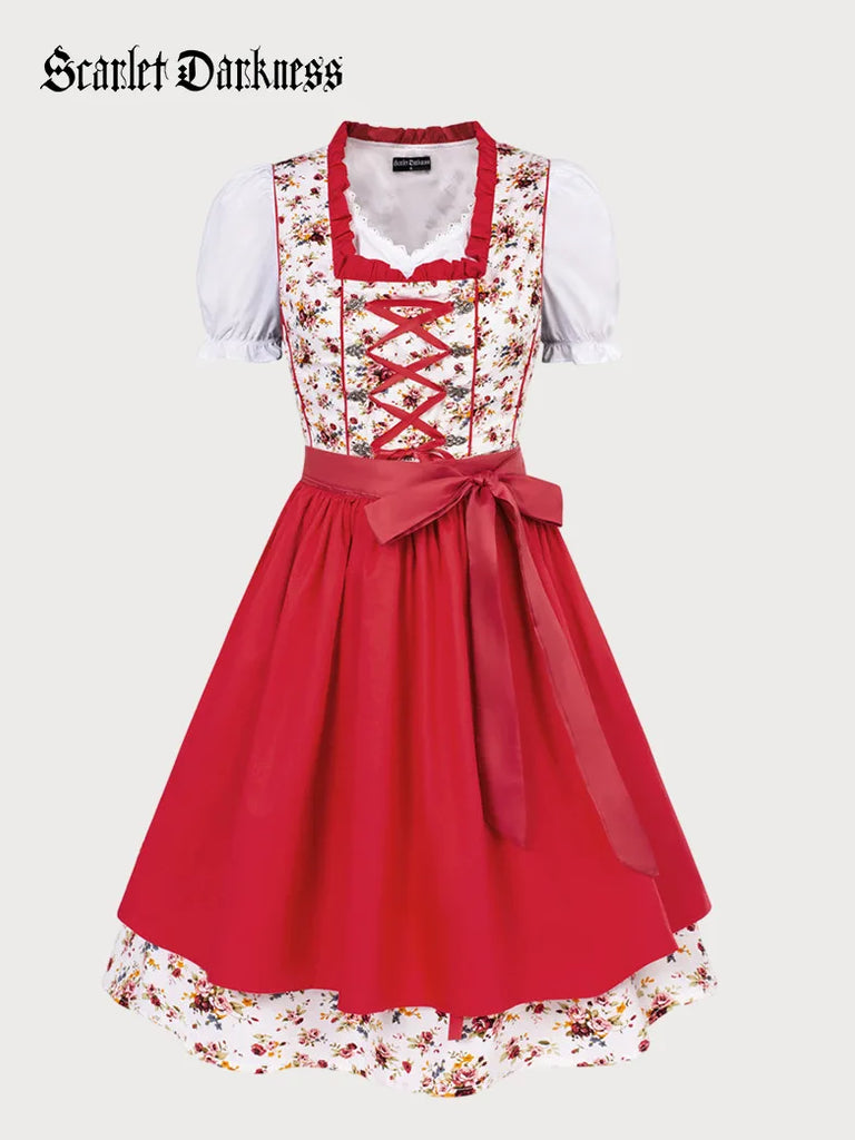 German Bavarian Oktoberfest Costumes Tops+Cotton Dress+Apron Scarlet Darkness